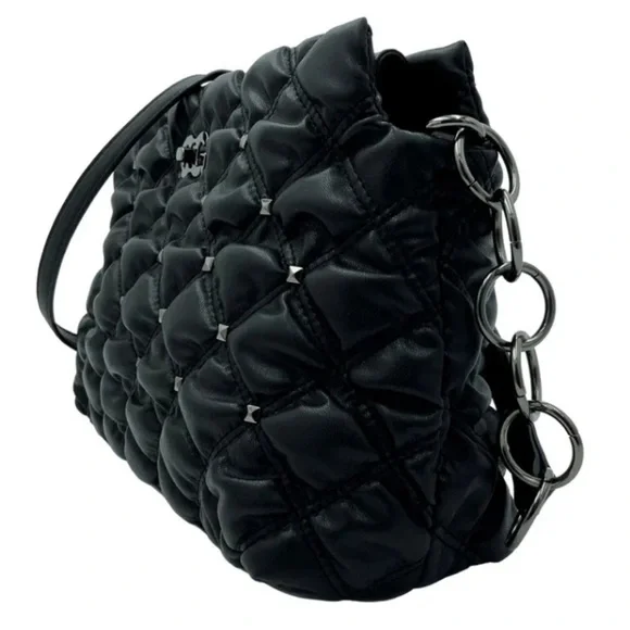 New Gilda Paris Black Waffle Quilted Shoulder Bag with Silver Studs - Picture 2 of 3